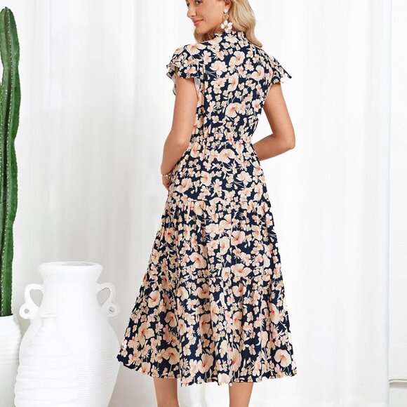 Womens Summer Floral Midi Dresses Short Sleeve Beach Wedding Guest Dress Drawstr - Picture 3 of 4